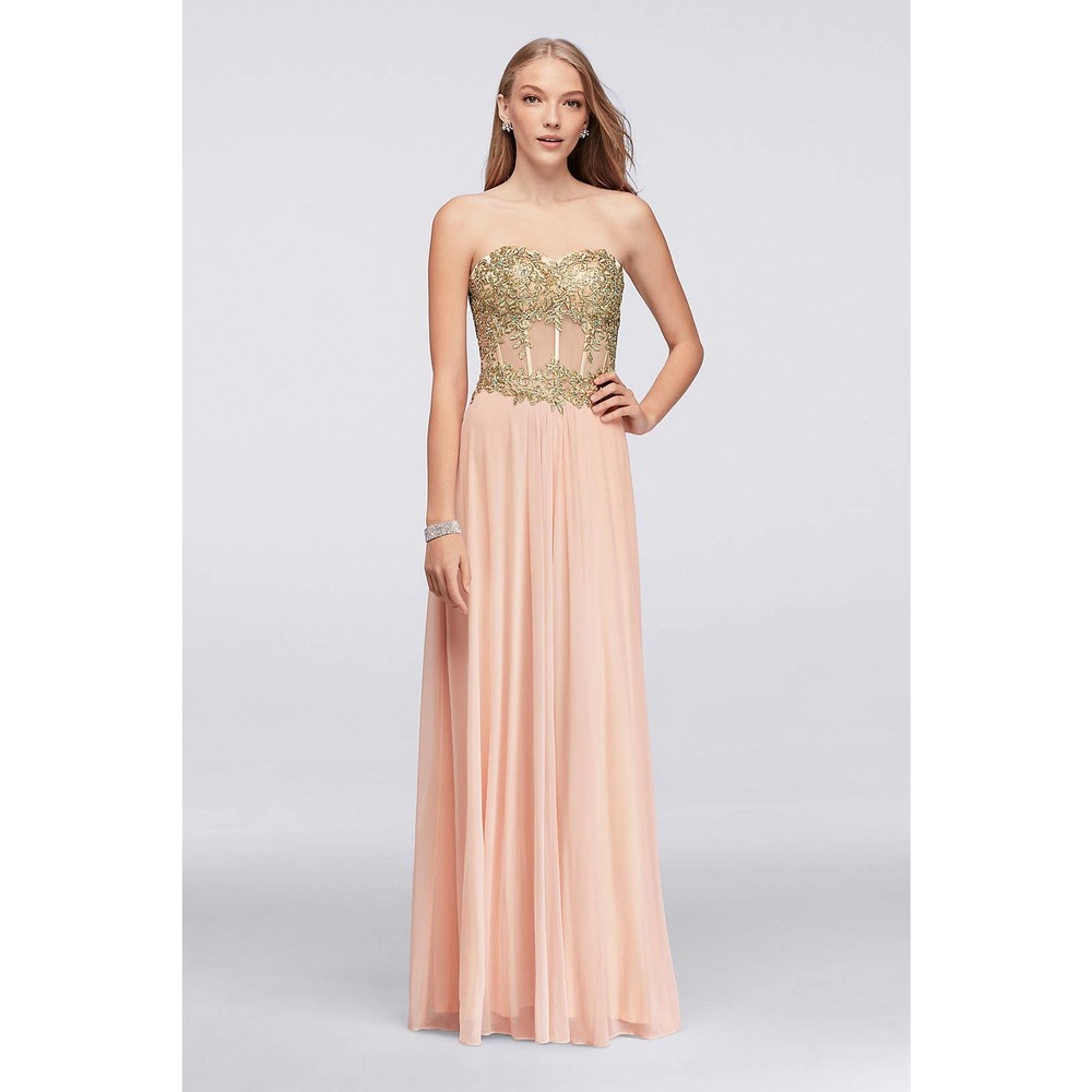 Long Ilusion Prom Dress Peach Gold Applique Sparkle Corset Davids Bridal